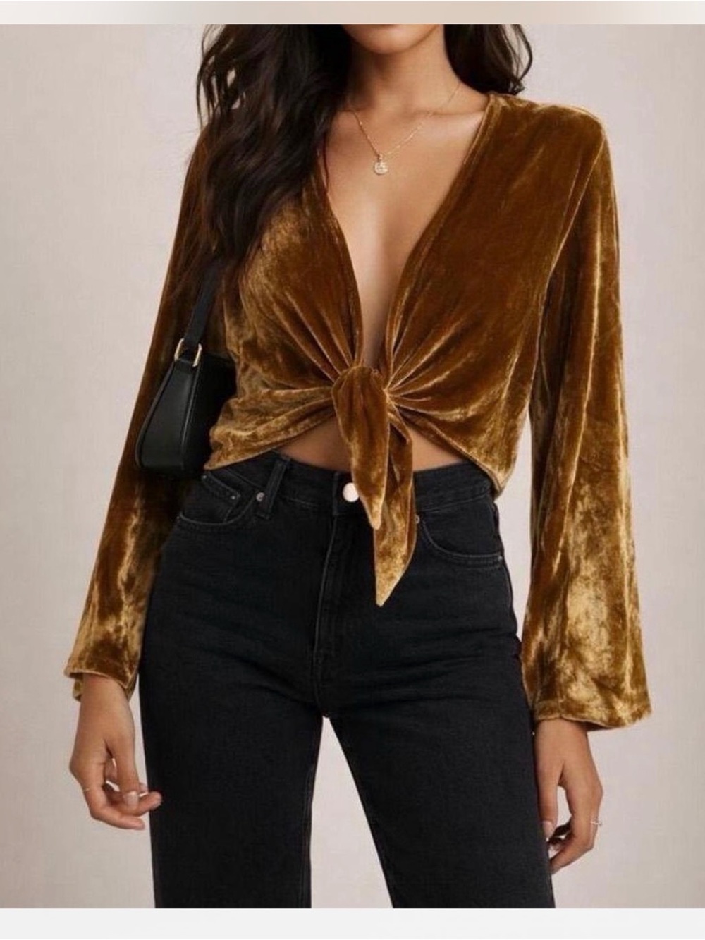 Reformation Velvet Tie-Front Crop Top - gold